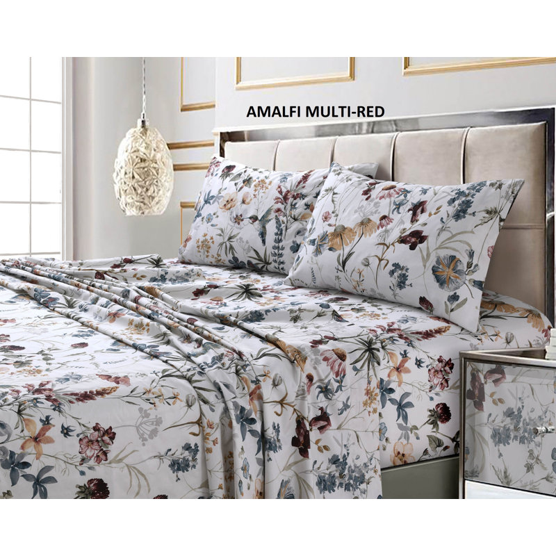 Tribeca Living Printed 300 Thread Count Sheets 100% Cotton Floral Sheet Set, Red, Queen