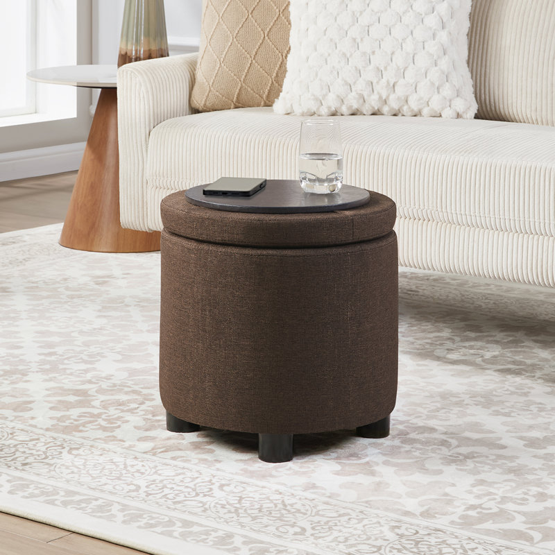 Repose-pieds de rangement rond en tissu avec couvercle réversible de 15,75 po de large Ahl Arsy, Tissu brun moyen