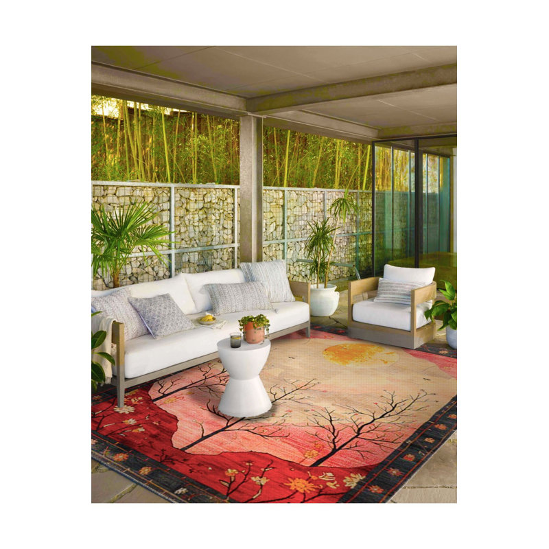 Paris Collection Pink Toned Autumn Trees and Moon Pattern Modern Decorative Machine Washable Rug