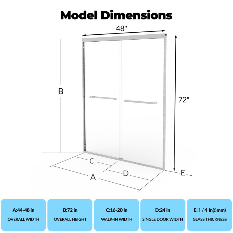 Modern Semi-Frameless Pivot & Double Sliding Shower Door, 44-48" W x 72" H, 6-8mm Clear SGCC Tempered Glass with Explosion-Proof Film, Reversible Installation, Stainless Steel Handles, Matte Black & Brushed Nickel Options