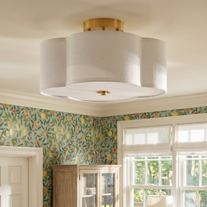 Plafonnier semi-encastré en tissu 4 lumières, H 6,9 po x l 12,6 po x P 12,6 po, Laiton