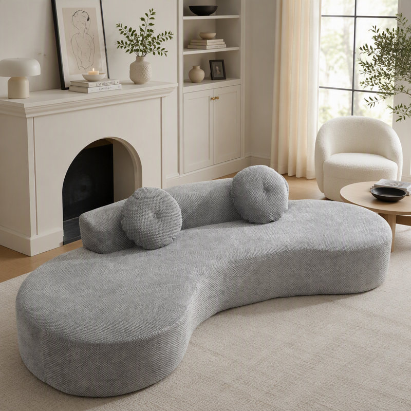 Canapé courbé moderne et minimaliste, canapé-lit 3-4 places avec 2 coussins, aucun assemblage requis, velours côtelé anti-froissement, gris