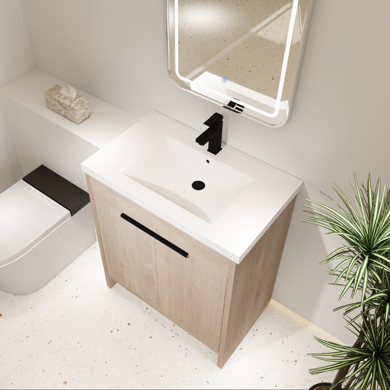 Meuble-lavabo autoportant de 30 po avec lavabo en résine et rangement à fermeture en douceur
