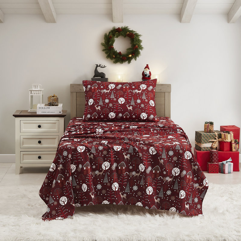 Ensemble de draps de vacances imprimés 3 pièces, facile à entretenir, literie des Fêtes douce et infroissable - poinsettia, simple