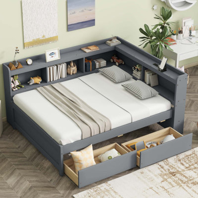 Full Size L-Shaped Bookcases Bed