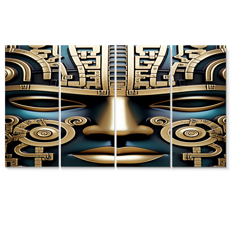 Golden Aztec Teal Mask - Native American Art, ensemble de 4 décorations murales, H 32 po x l 64 po