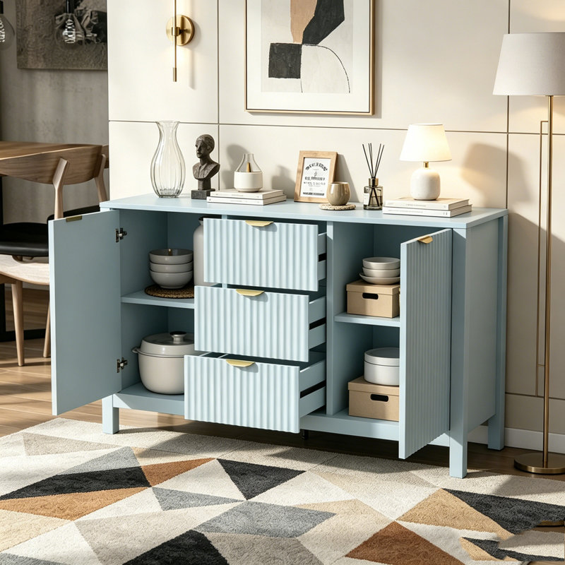 Buffet à motif ondulé - 3 tablettes réglables, 3 tiroirs et portes à fermeture en douceur
