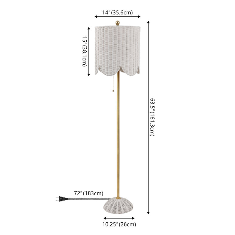 Joel 63.5" Coastal Bohemian Scallop Shade Rattan/Metal LED Floor Lamp with Pull Chain, White/Brass Gold