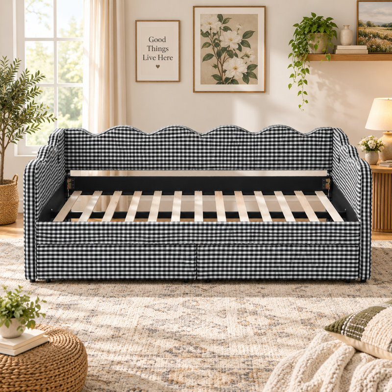 Quies Full\Queen Size Daybed With Storage Drawers, USB Port, Wave Design Linen Fabric Bed, Full, Black