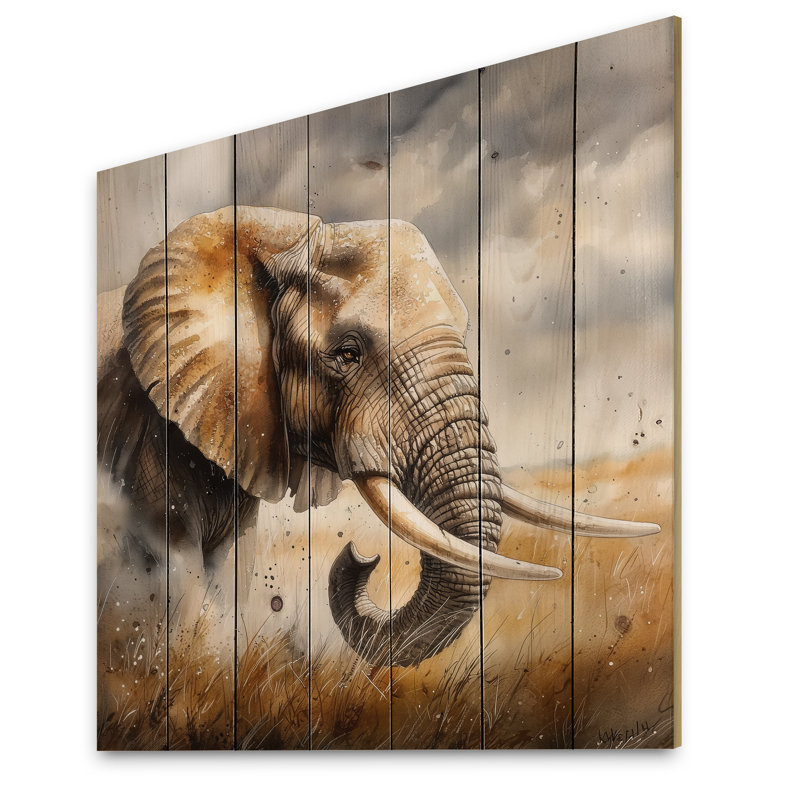 African Elephant Memories I - Art mural moderne sur bois de pin naturel, H 30 po x l 30 po