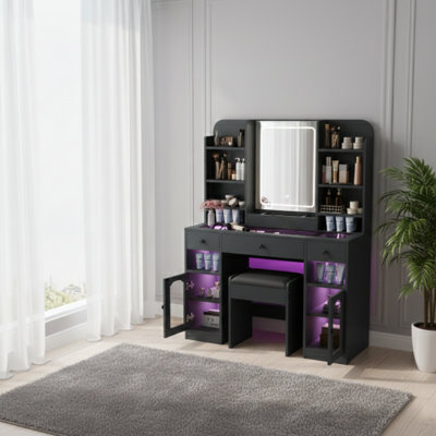 Meuble-lavabo 43,2 po avec miroir DEL, armoires en verre éclairé RVB, station de charge, plateau en verre, 3 tiroirs, tablettes de rangement et tabouret