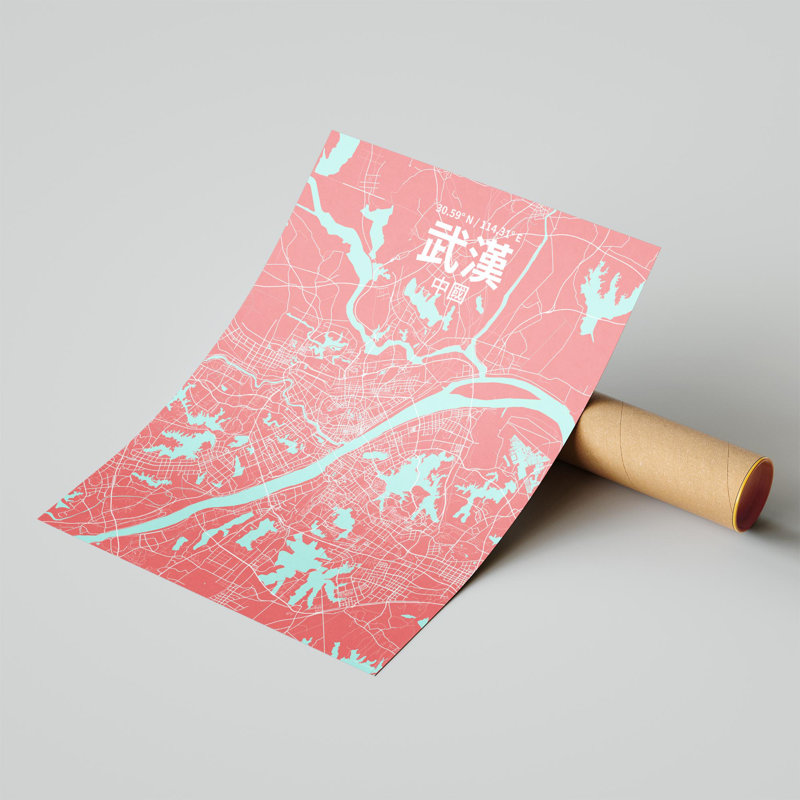 Impression sur la carte de la ville de Wang (chinois traditionnel), H 20 po x l 16 po, Rose / bleu pastel