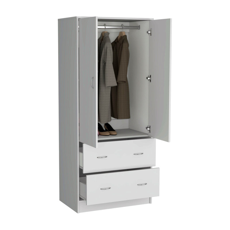 Armoire avec portes doubles, 2 tiroirs et tringle, Blanc