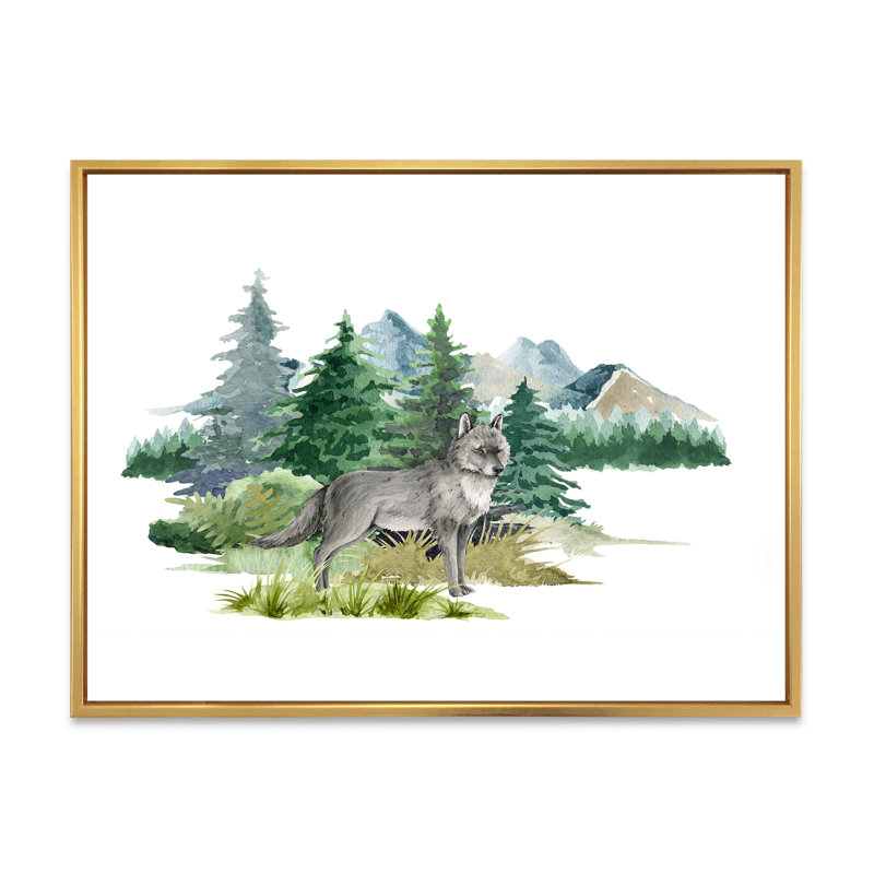 Loup dans un paysage de forêt - peinture sur toile, H 30 po x l 40 po, Cadre flottant doré
