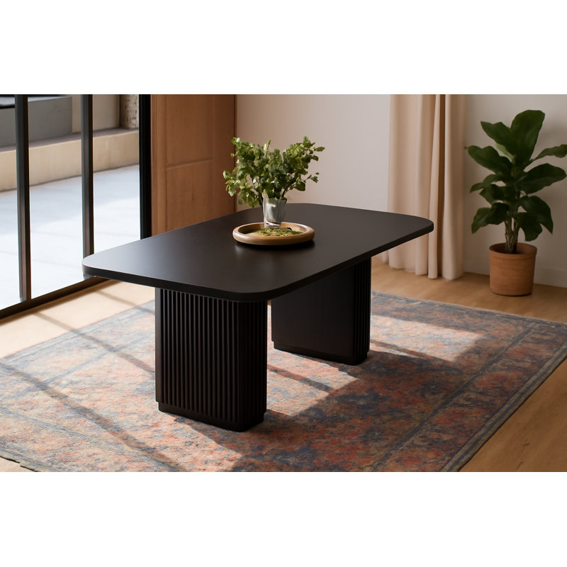 Table de salle à manger rectangulaire en bois de manguier massif 80 po x 42 po pour 8 personnes - Base piédestal cannelée noir mat, table de salle à manger moderne