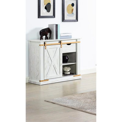 Barnyard Design 1pc Antique White And Gold Rustic Table, With Center Glide Drawers, Solid Wood Metal, Rectangular For Dining Drawers Open Shelves, Design, Room