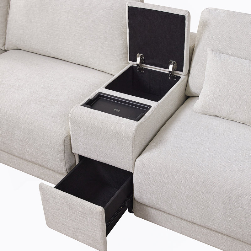 Canapé modulaire en forme de L de 124 po avec console de rangement multifonctionnelle, chargeur câblé et sans fil, repose-pieds mobile, coussin plus large et plus épais, combinaison libre pour le salon et l’appartement, chenille