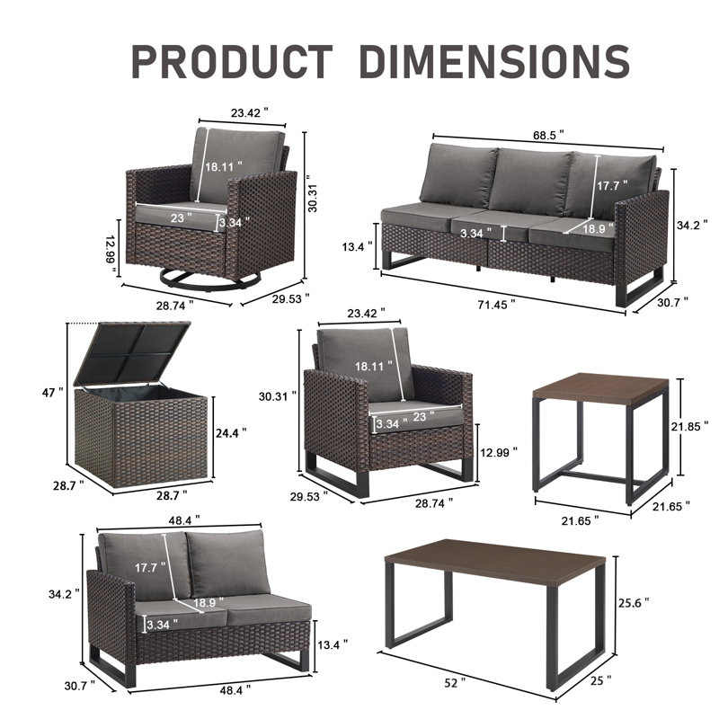 Ingvald 9 Person Outdoor Courtyard Wicker Family Conversation Set Group With Swivel Chairs And Storage, Gray