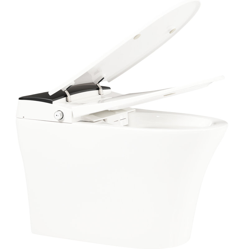 Toilette intelligente à siège chauffant, toilette monobloc avec chasse d'eau automatique, sans bidet, capteur de pied bleu nuit, commande à bouton, configuration de chasse d'eau en cas de panne de courant, couvercle à fermeture douce, agencement de salle de bain blanc