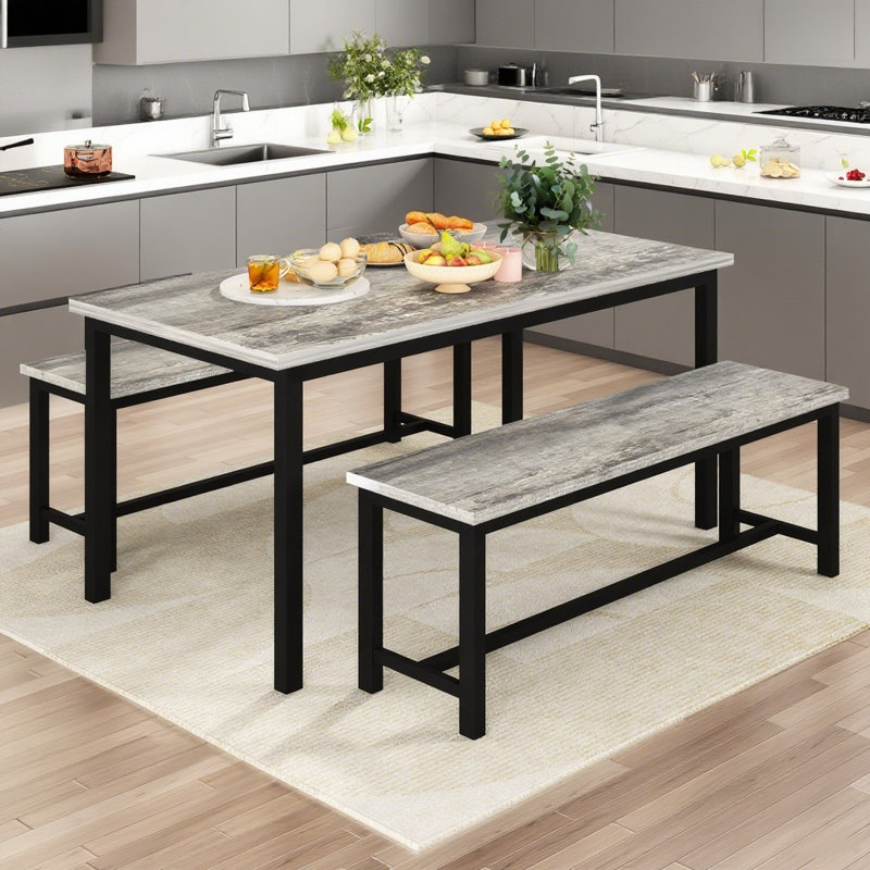 Ensemble de table de salle à manger pour 4 personnes, table de cuisine rectangulaire moderne avec 2 bancs, ensemble de 3 pièces de table et chaises pour petits espaces, cuisine, salle à manger