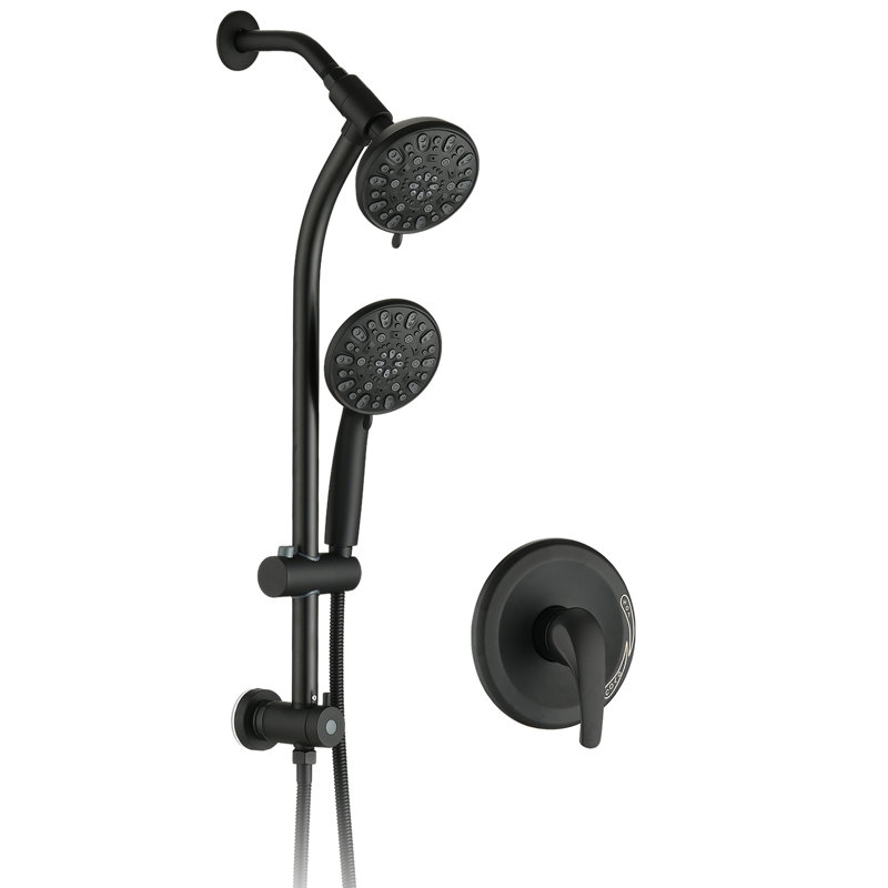 Ensemble de douche à barre coulissante en acier inoxydable avec deux têtes noires mates et une pomme de douche à main à 7 réglages à 7 réglages