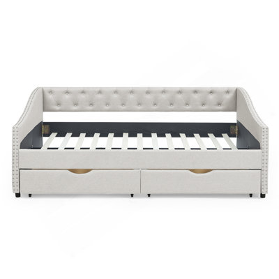 Full Size Daybed with Drawers Upholstered Tufted Sofa Bed, with Button on Back and Copper Nail on Waved Shape Arms, Beige (80.5''x55.5''x27.5'') (OLD SKU: W1413S00004)