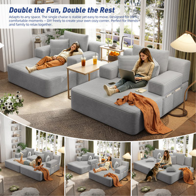 Très grand canapé-lit double moelleux en velours côtelé, canapé-lit convertible avec poches de rangement, 3 coussins moelleux, canapé sans cadre multifonctionnel pour appartement, cinéma maison, dortoir, beige / blanc