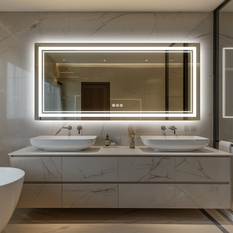 Anti Fog LED Bathroom Mirror 3 Colors Dimmable Vanity Mirror with Back and Front Lighting, 60" x 28"