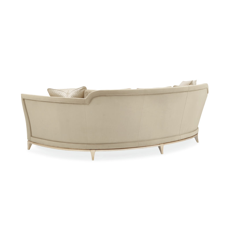 Beige Velvet Crescent-Shaped Sofa with Wood Base
