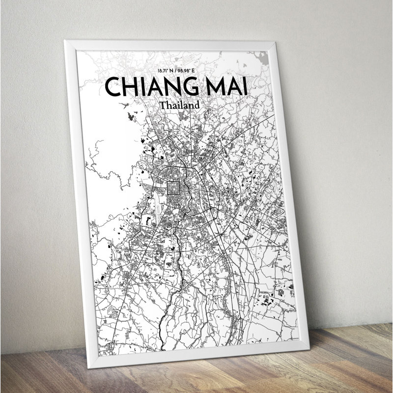 Chiang Mai City Map - Unframed Graphic Art Print on Paper, 50.8cm H x 40.6cm W x 0.13cm D, Grey/White