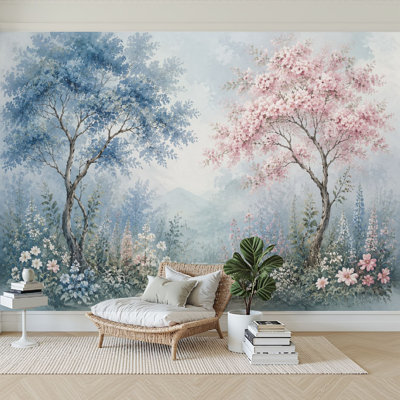Papier peint adhésif à peler et coller rétro, forêt florale pastel, arbres en fleurs, ciel doux, papier autocollant amovible, décoration murale pour salon, chambre à coucher H 69 po x l 96 po