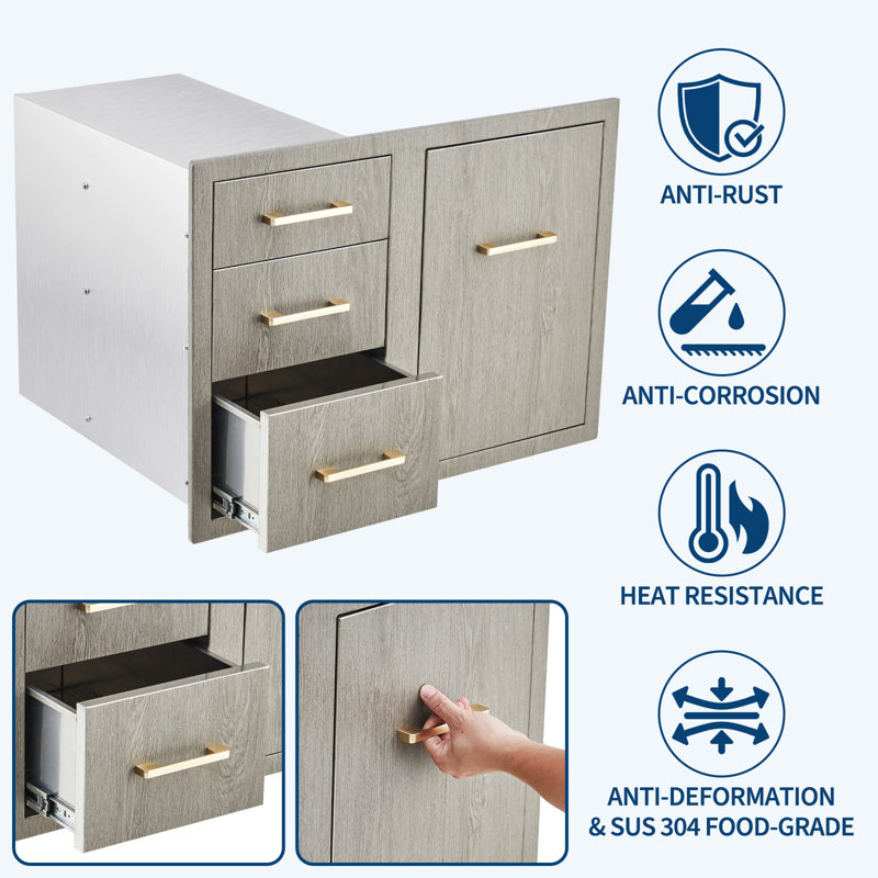 Armoire à tiroirs pour la cuisine extérieure, rangement en acier inoxydable brossé résistant aux intempéries avec grain de bois, montage encastré pour les outils de propane et de barbecue, sans perceuse, magnolia, 30 po x 22 po