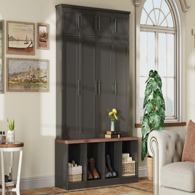 Arbre d'entrée Farmhouse avec 4 crochets cachés, banc polyvalent en noyer avec 8 portes, armoire à chaussures avec compartiments ouverts pour le salon, noir