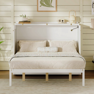 Armoire murale multifonctionnelle avec station de charge USB, grand lit pliant vertical avec tiroirs, lit escamotable mural peu encombrant avec verrou de sécurité et dispositif anti-basculement, blanc.