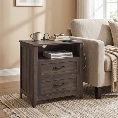 24”W Farmhouse Nightstand with Charging Station, End Table with 2 Drawers