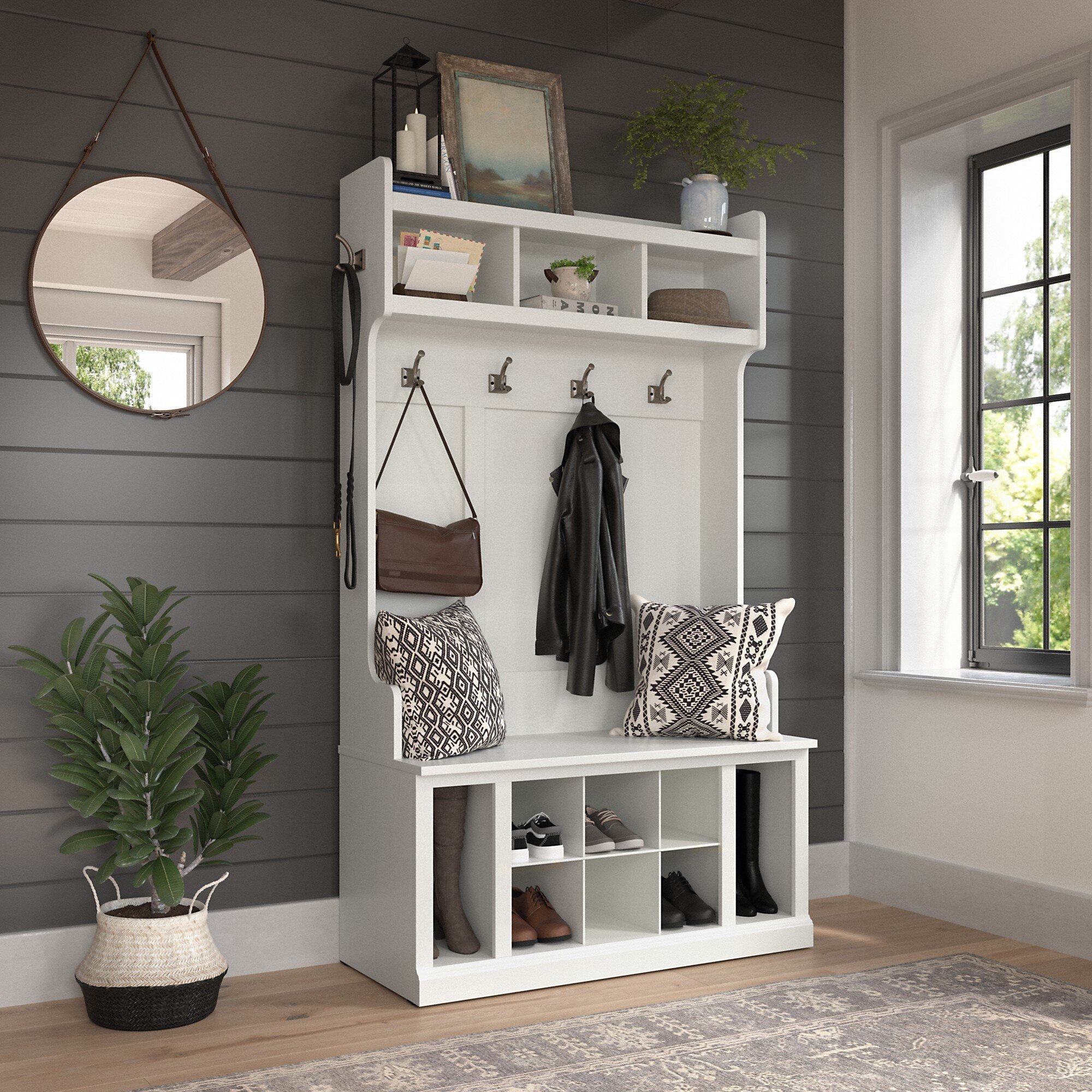 Bush Furniture Woodland Entryway Storage Set with Hall Trees and Shoe Bench with Drawers Cape Cod, Gray