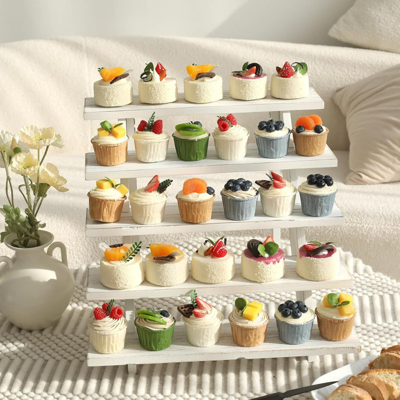 5 Tier White Wooden Rustic Cupcake Stand Holds 30 Cupcakes – Detachable Portable Stepped Display For Wedding, Party, Craft Show, Jewelry & Decor