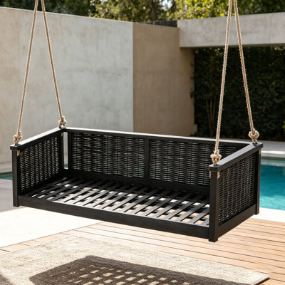 Outdoor Classic Solid Wood Twin Size Swing Bed,Garden Porch Rattan Swing Frame with Long Ropes for Poolside