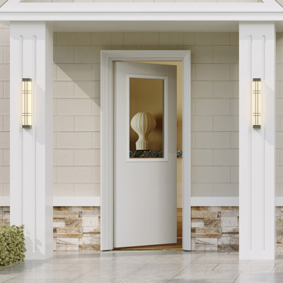 Porte d'entrée avec cadre - verre transparent de 9 Lite et panneau massif, bois massif apprêté blanc, cadre avec coupe-froid préinstallé