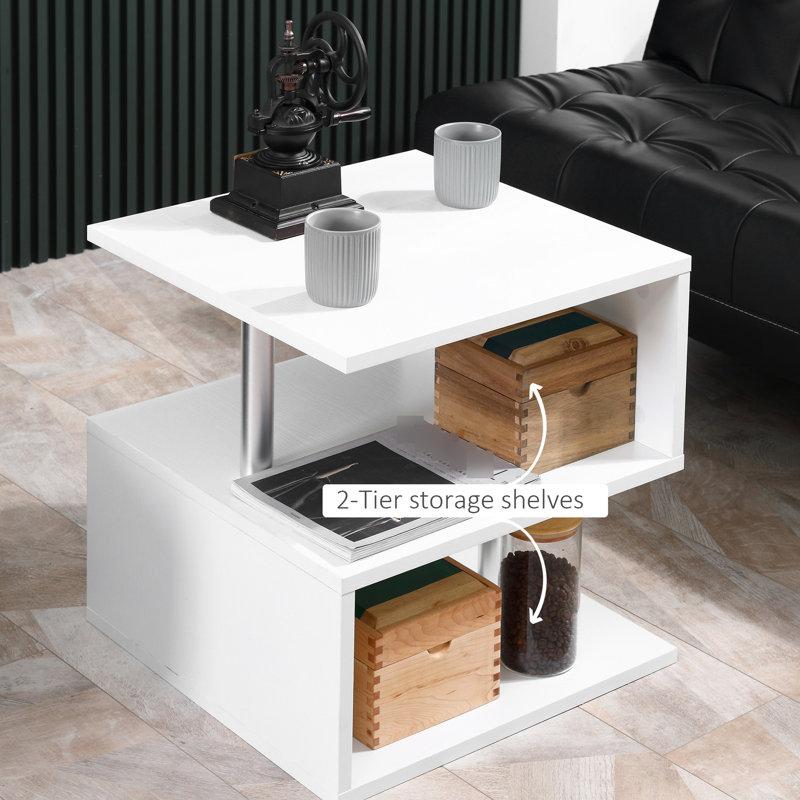 Table basse moderne de 20 po en forme de S blanche avec rangement, espace et commode élégante