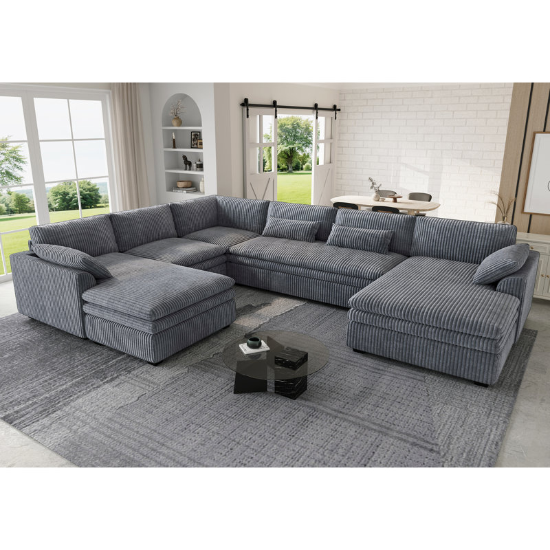 U-Shaped Sectional Corner Sofa With Two Chaises, Gray Corduroy