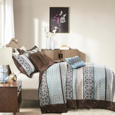 Courtepointe bleue avec coussins décoratifs pour très grand / très grand lit, motif géométrique très grand avec 2 coussins décoratifs élégants et tendance