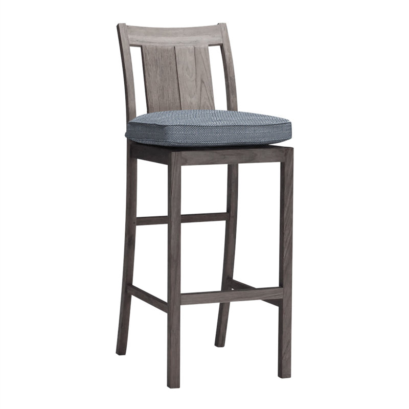 Croquet 24.5" Patio Bar Stool with Cushion, Rollo Chambray InsideOut® Linen, Welt, Oyster Teak
