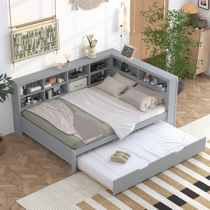 Emareon Wooden Space Saver Daybed with Trundle, USB Charger and 2 Storage Shelf, Full/Double, Gray