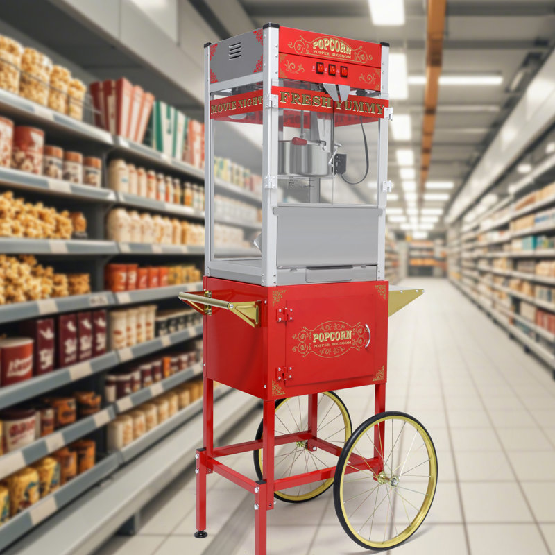 Machine à maïs soufflé avec chariot: cette machine à maïs soufflé sur roulettes combine un design de style antique avec des caractéristiques modernes. Le chariot comprend des roues de style vélo de 16 po et une armoire avec espace de rangement pour le maïs soufflé