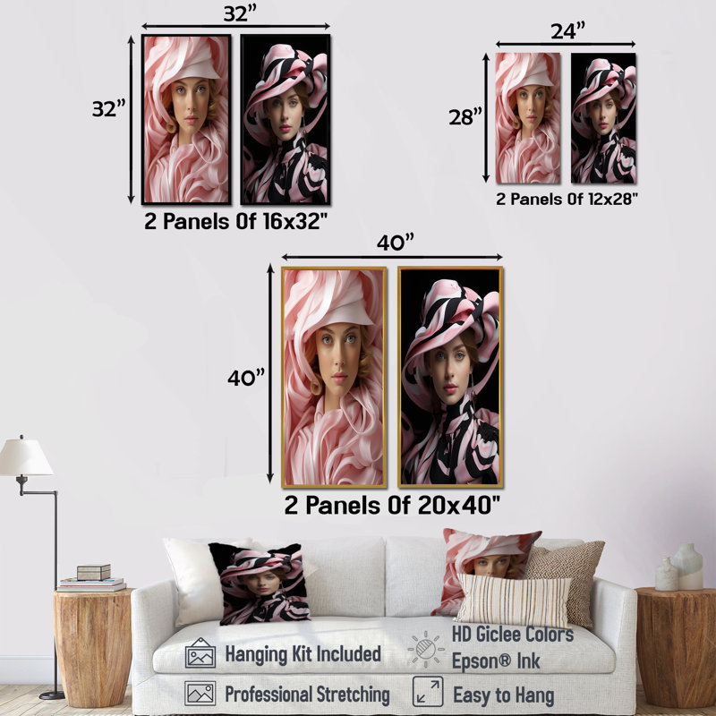 Femme chic avec chapeau - ensemble de salon mode et art mural, Cadre blanc, H 32 po x l 33 po