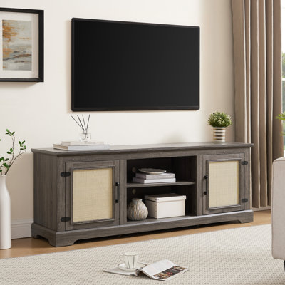 Tv Stand For 70" Tvs, 2 Storage Shelves, Natural Cabinets, Grey, 65"w * 15.38"d 23.28"h Entertainment Centre Console Table With Doors, Fits