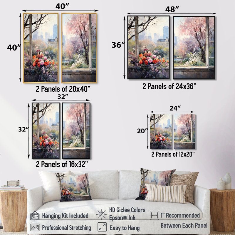 New York Central Park Window Views II - impressions sur toile industrielles colorées 2 pièces, 32" H x 32" W, White
