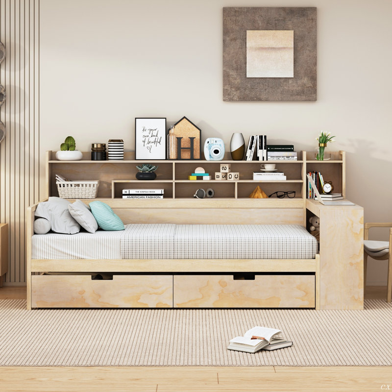 Bahiyah Wooden Multi-Functional Daybed With Storage Shelves, 2 Storage Drawers And Study Desk, Twin, Natural