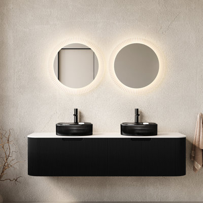Meuble-lavabo de 152 cm (60 po) avec 2 lavabos ronds en verre noir transparent, tiroirs de rangement, préassemblé, noir, fini à rayures 3D, grand espace de rangement, tiroirs à fermeture amortie et armoire en contreplaqué.